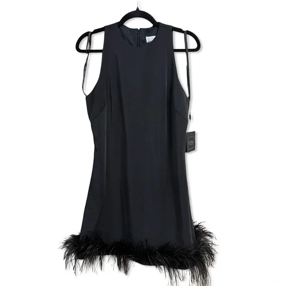 Mac Duggal Ieena 55805 Feather Hem Sleeveless Dress Black Mini party NWT 8